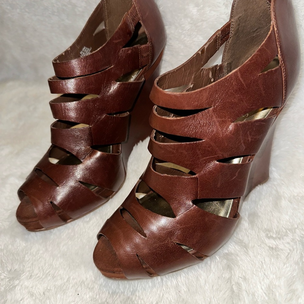 BCBGirls Brown Leather Wedge Sandals